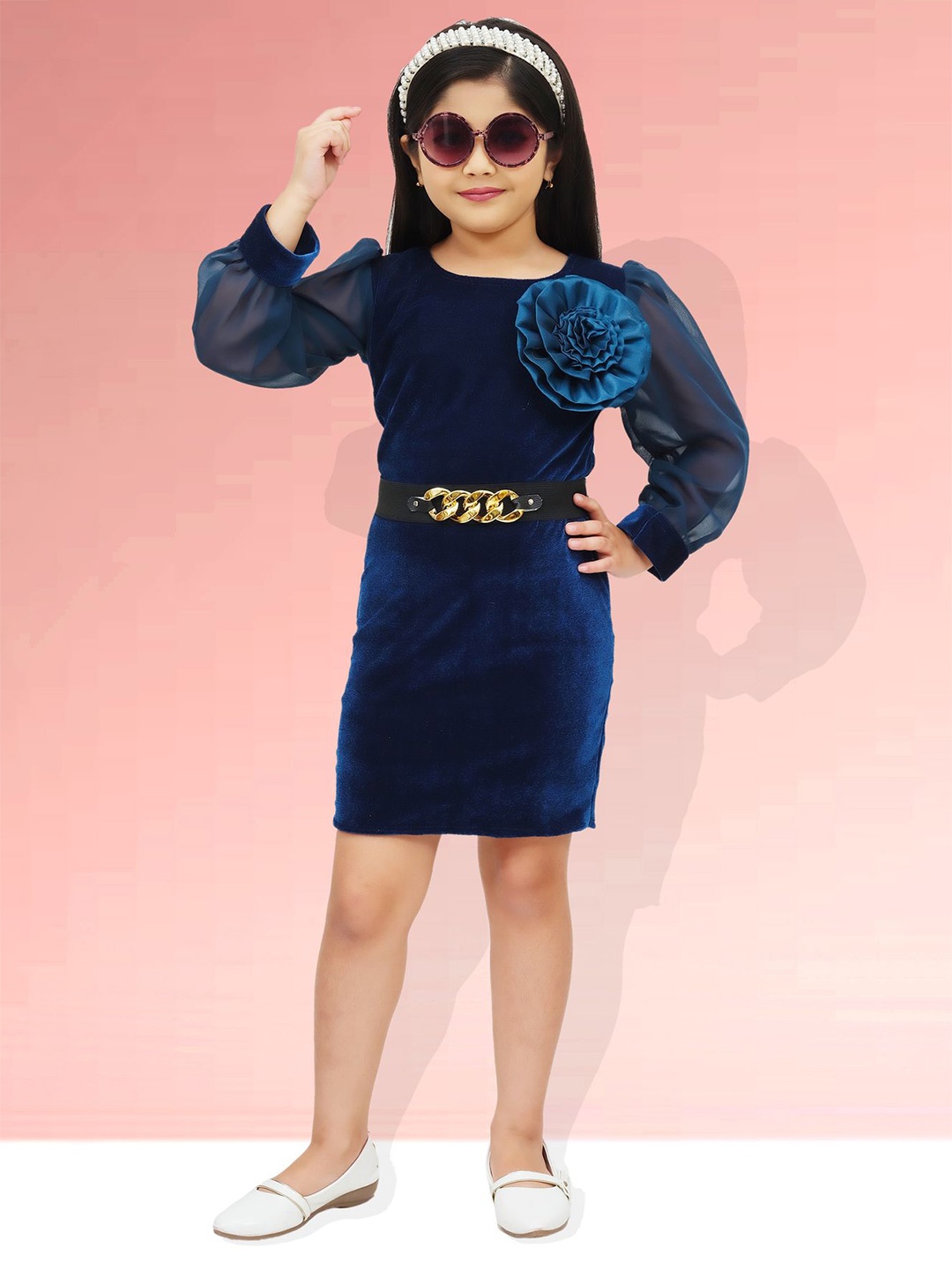 

BAESD Girls Embellished Round Neck Puff Sleeve Sheath Dress, Navy blue