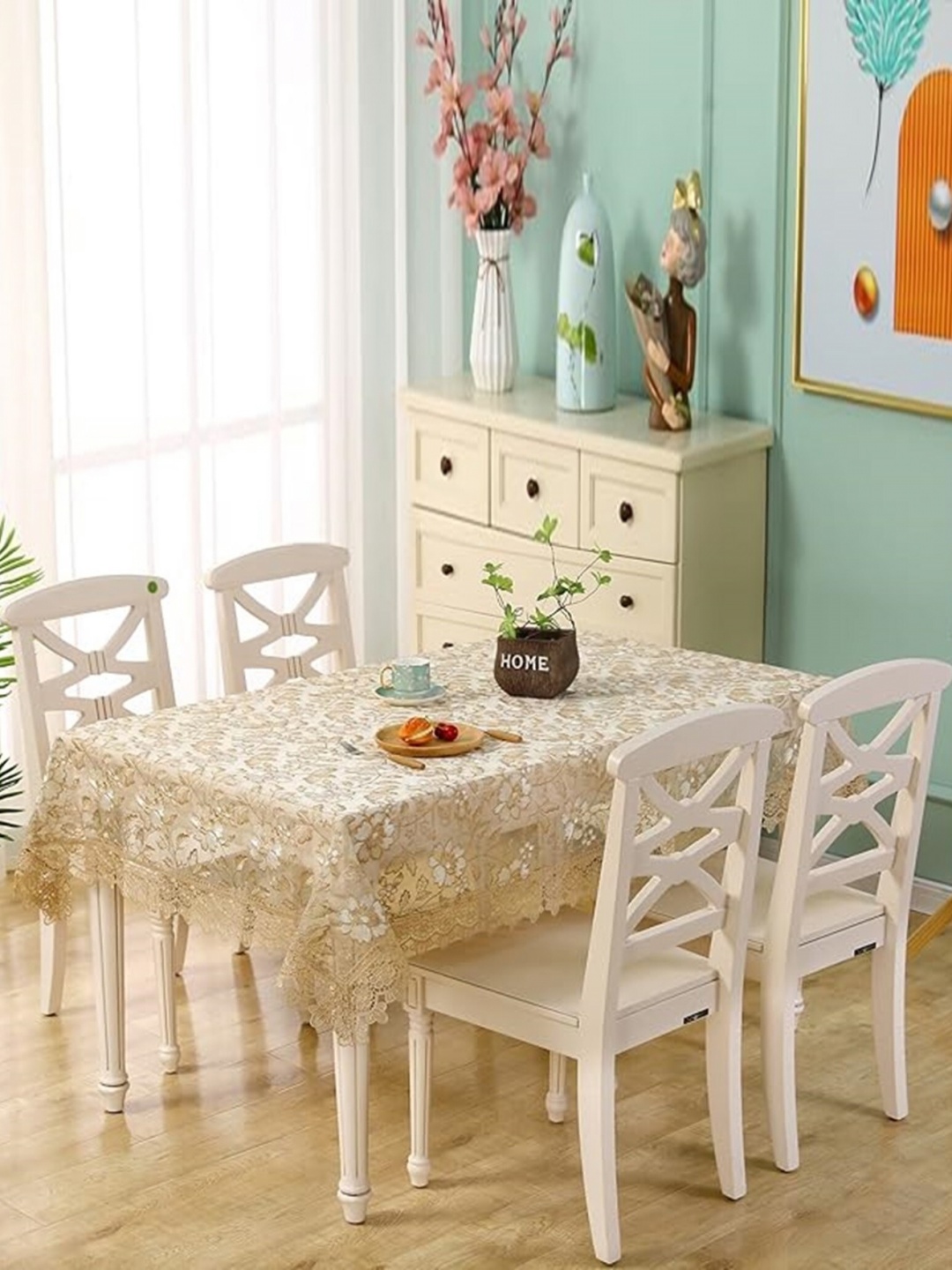 

TANLOOMS White & Gold Toned Floral Embroidered Anti-Skid Rectangle Table Cover