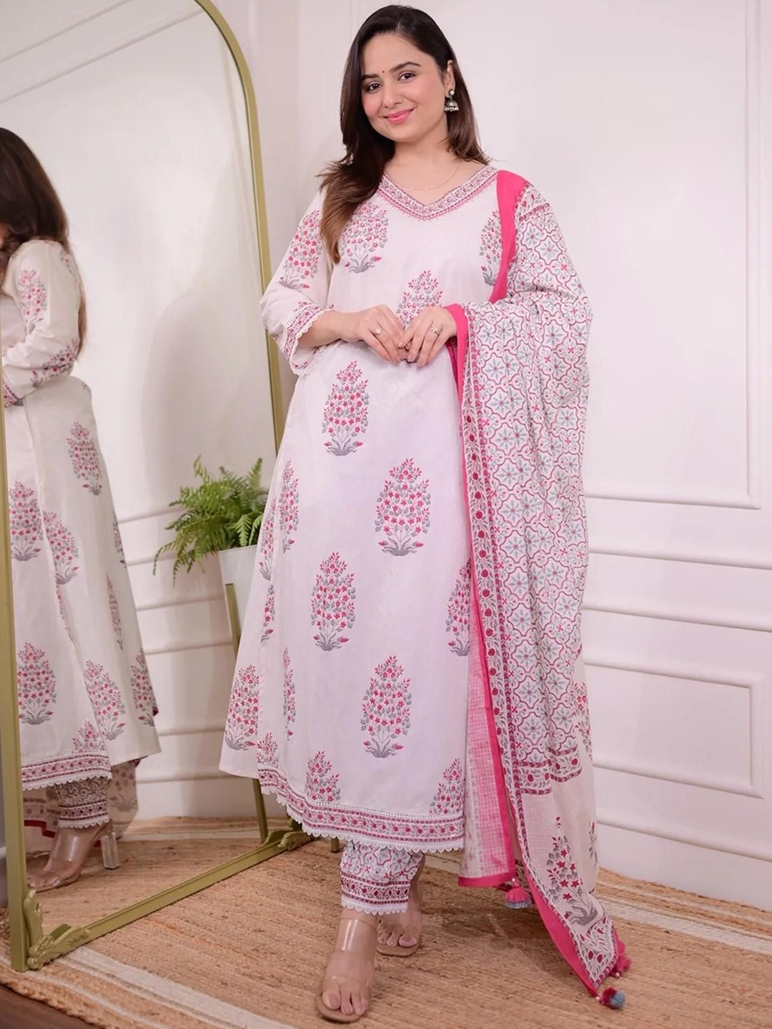 

KALINI Floral Printed Regular Pure Cotton Kurta with Palazzos & With Dupatta, White