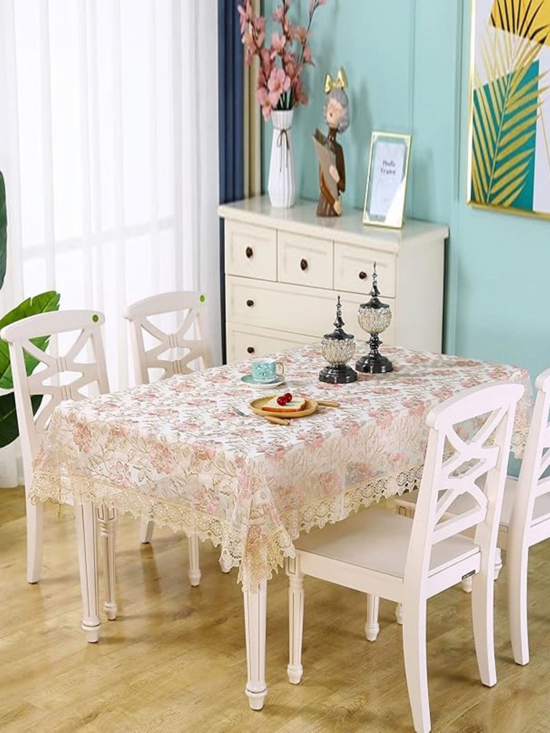 

MONKDECOR Pink Floral Embroidered Anti-Skid 4-Seater Table Cover