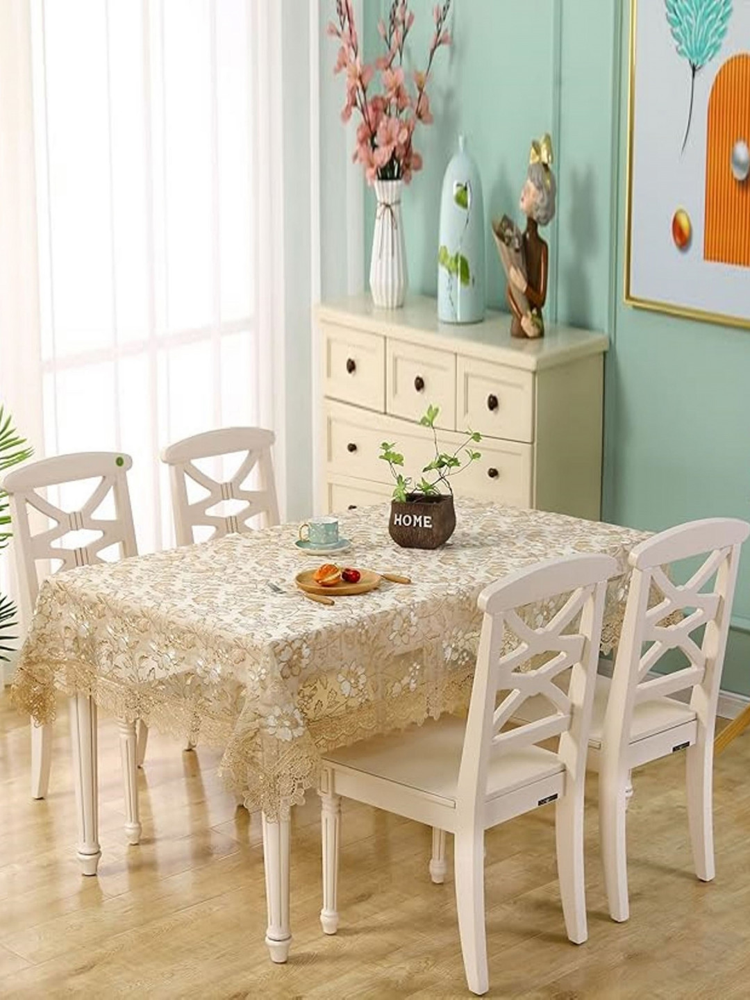 

MONKDECOR White Floral Anti-Skid 4-Seater Table Cover with Embroidered details