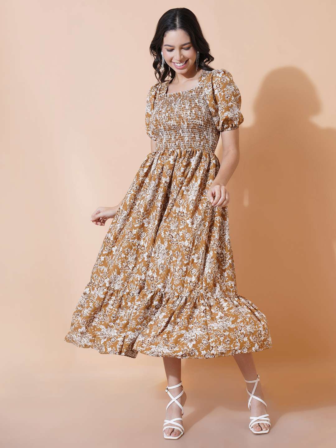 

OTABU Floral Printed Square Neck Puff Sleeve Crepe Fit & Flare Midi Dress, Yellow
