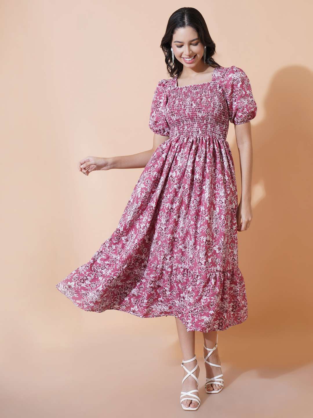

OTABU Floral Printed Square Neck Puff Sleeve Crepe Fit & Flare Midi Dress, Pink