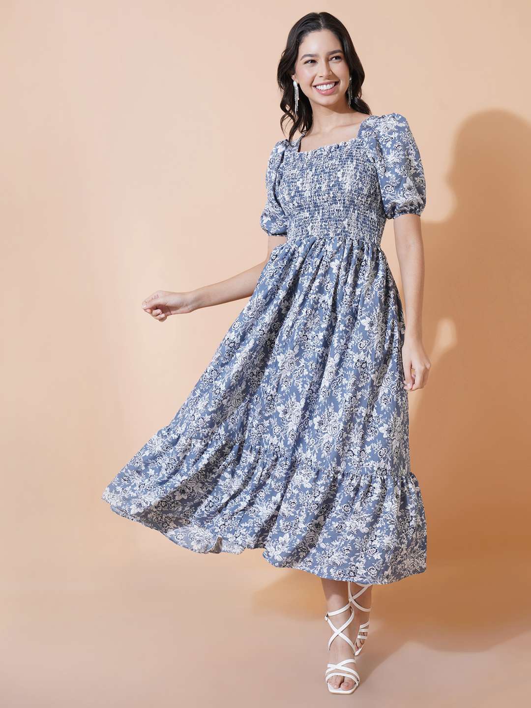 

OTABU Floral Printed Square Neck Puff Sleeve Crepe Fit & Flare Midi Dress, Navy blue