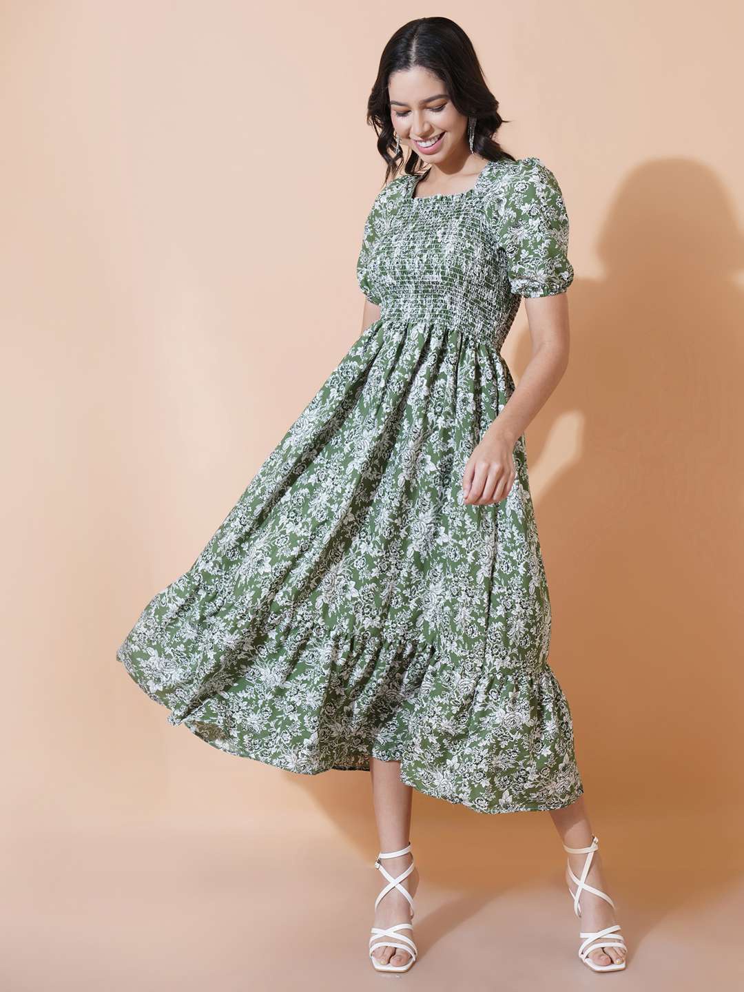 

OTABU Floral Printed Square Neck Puff Sleeve Crepe Fit & Flare Midi Dress, Green