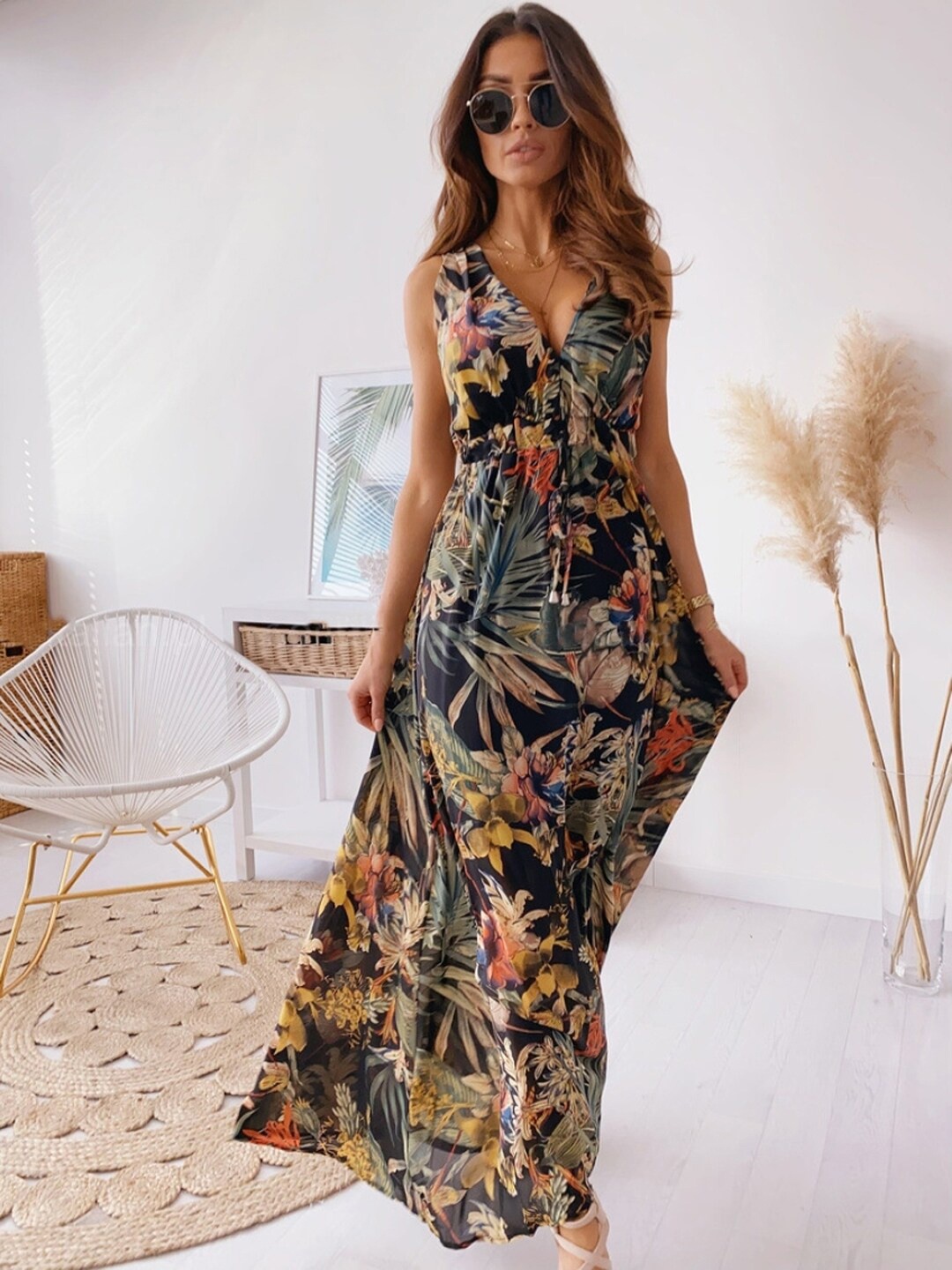 

StyleCast Brown Floral Printed Tie-Ups Maxi Fit & Flare Dress