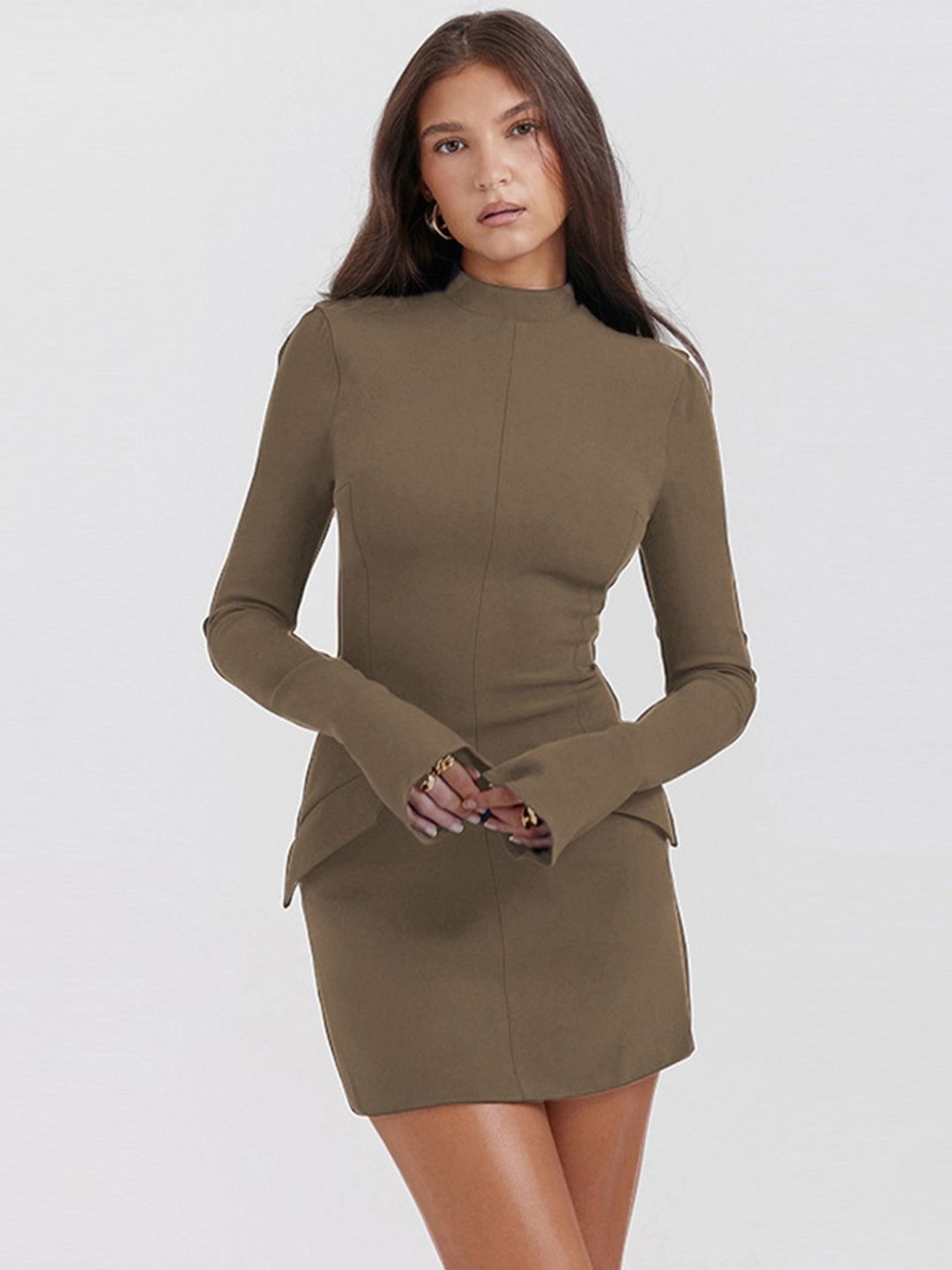 

StyleCast Women High Neck Bell Sleeves Sheath Dress, Brown