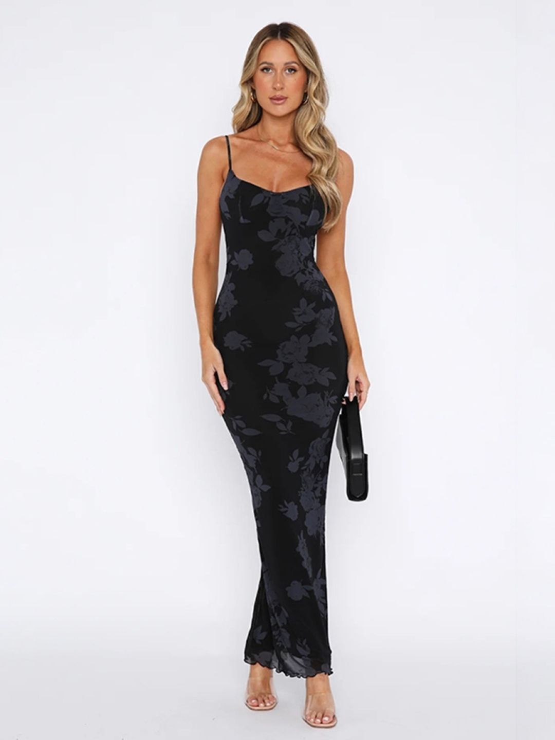 

StyleCast Women Floral Shoulder Straps Sleeveless Maxi Sheath Dress, Black
