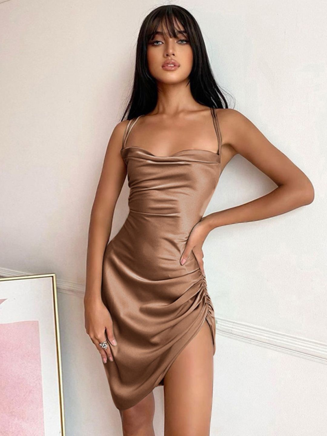 

StyleCast Shoulder Straps Gathered Sheath Dress, Brown