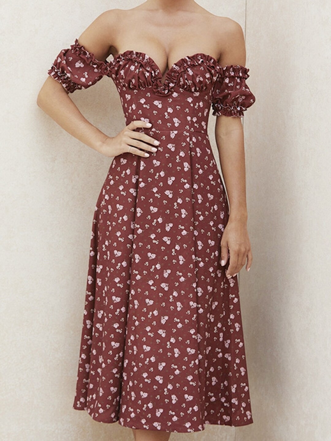 

StyleCast Brown Floral Print Off Shoulder A-Line Dress