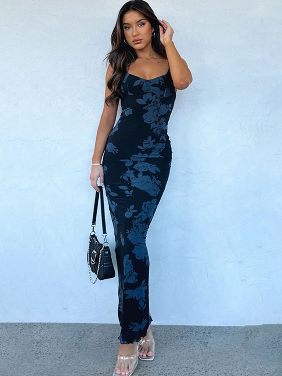 

StyleCast Black & Blue Floral Printed Shoulder Straps Maxi Dress