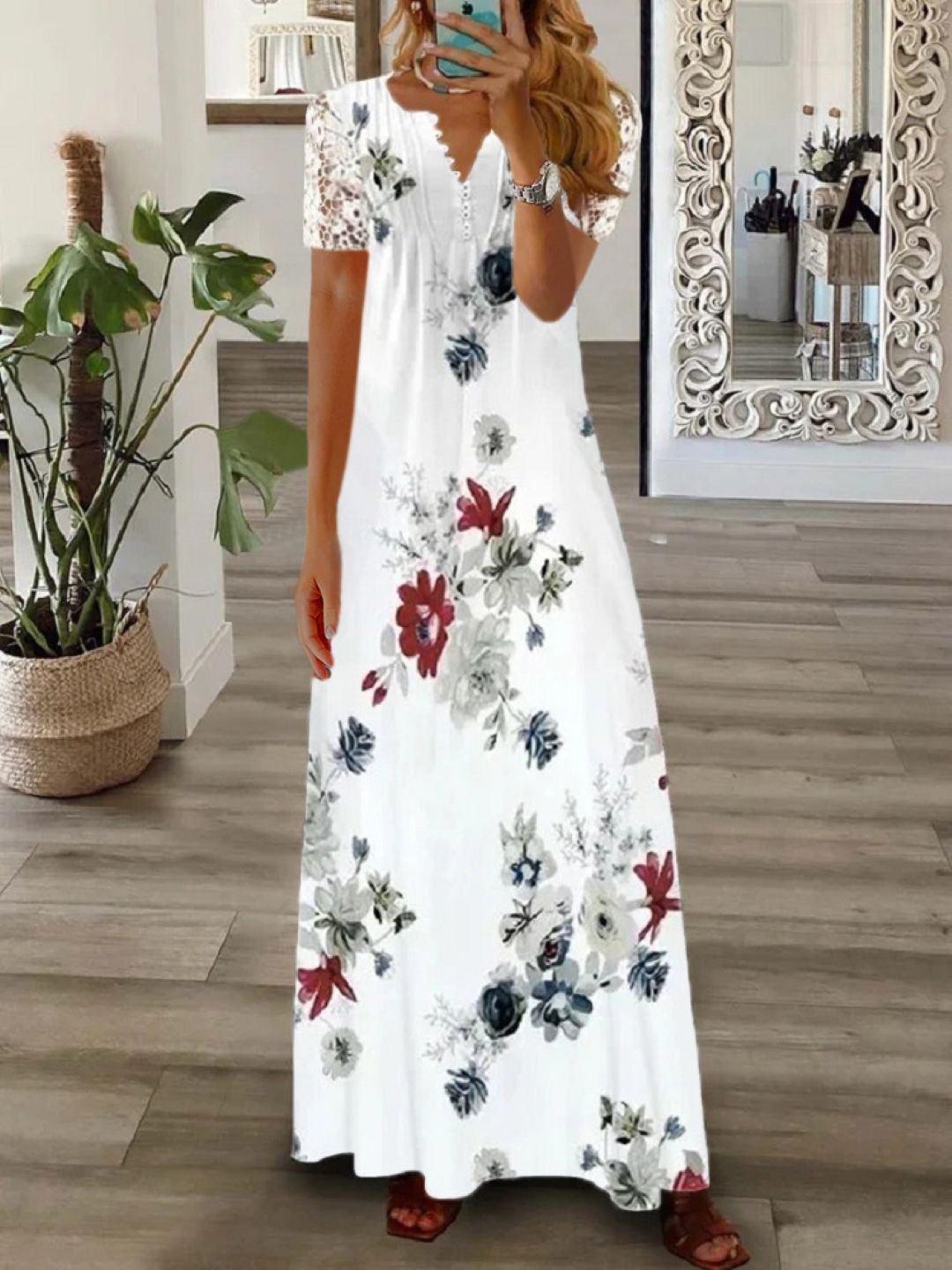 

StyleCast Floral Printed Notched Neck A-Line Dress, White