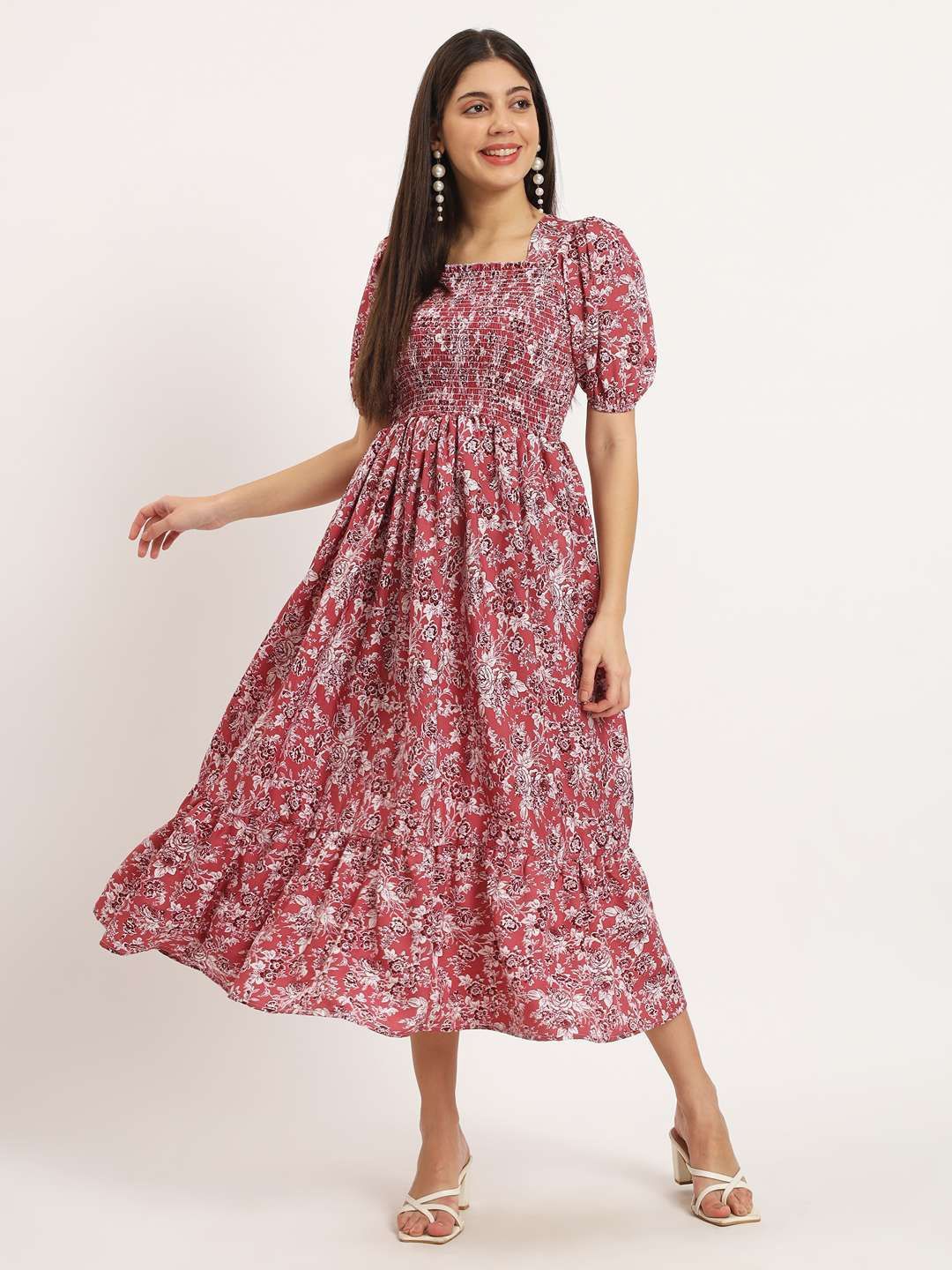 

OTABU Women Floral Printed Square Neck Puff Sleeve Crepe Fit & Flare Midi Dress, Pink