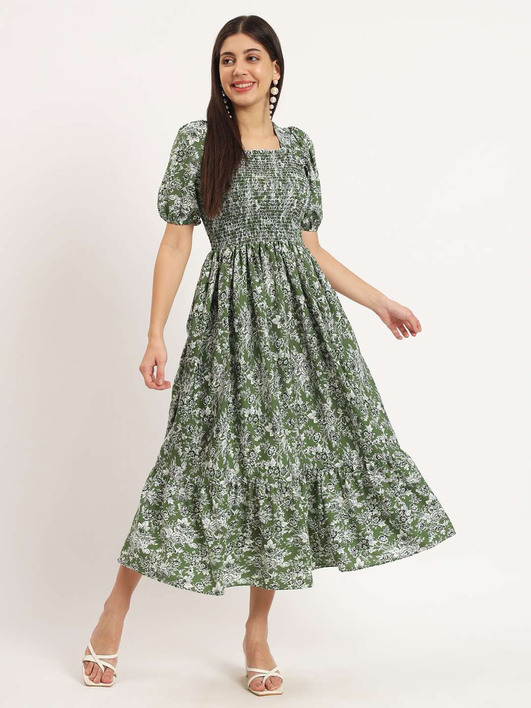 

OTABU Women Floral Printed Square Neck Puff Sleeve Crepe Fit & Flare Midi Dress, Green