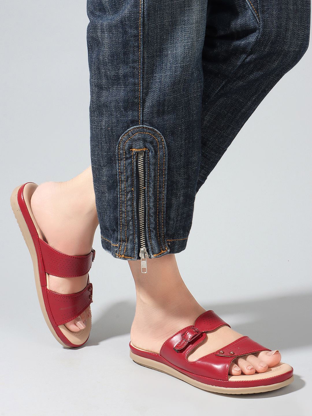 

DressBerry Comfort Buckles Detail Open Toe Flats, Maroon