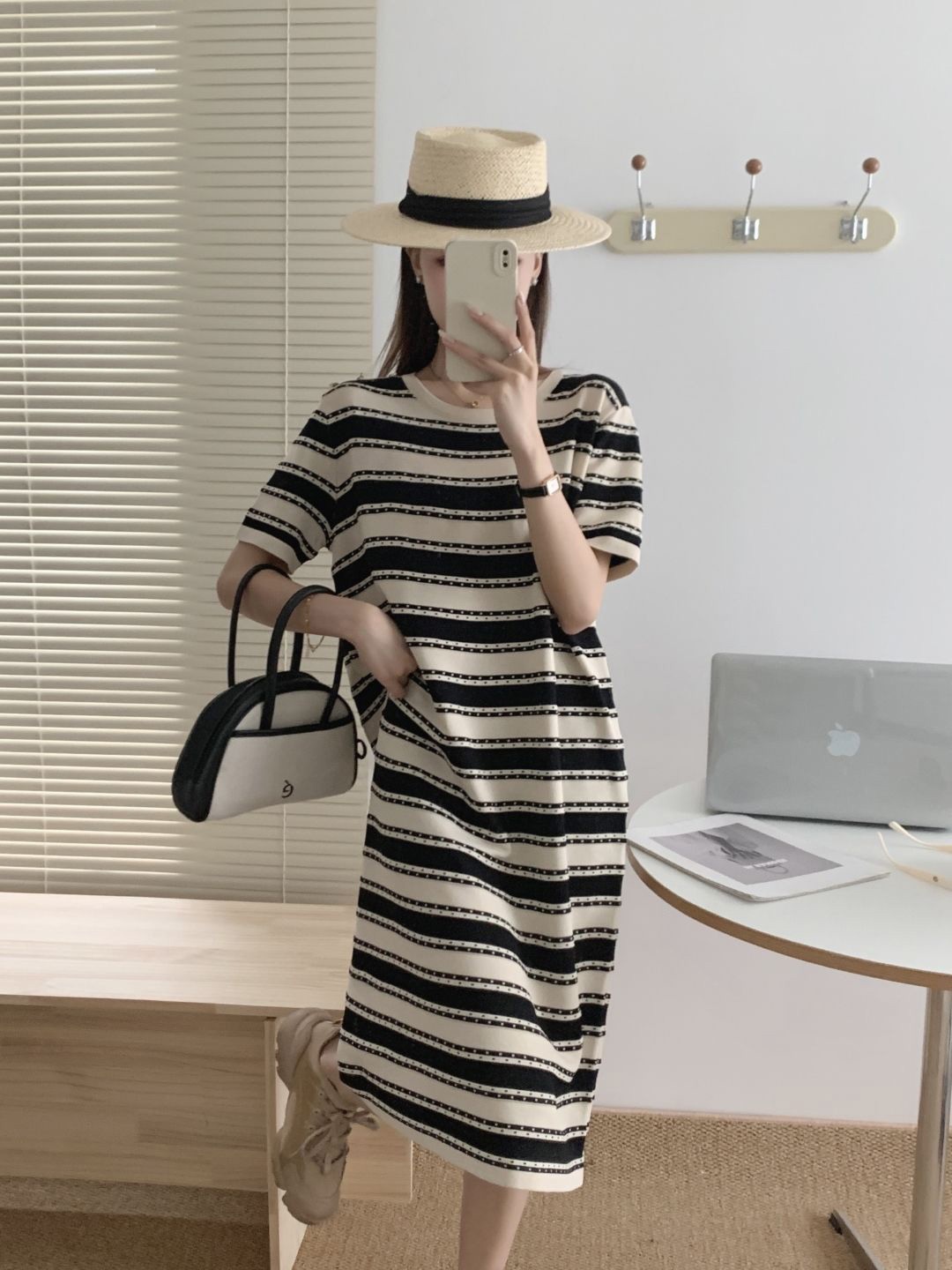 

StyleCast Women Striped Round Neck T-shirt Dress, Black