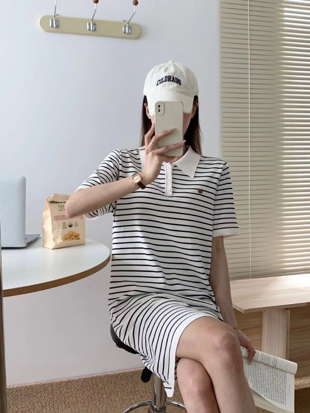 

StyleCast Women Striped Shirt Collar T-shirt Dress, White