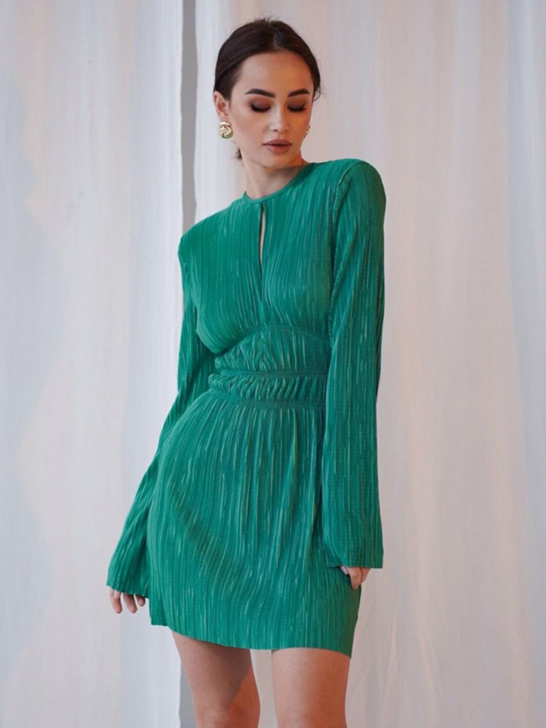 

StyleCast Green Self Design Keyhole Neck A-Line Dress