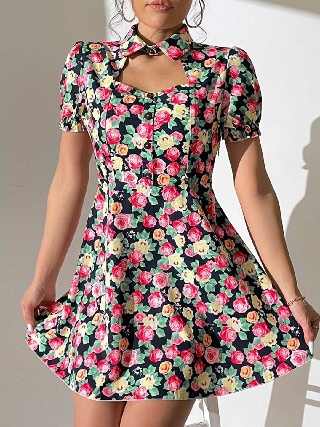 

StyleCast Red Floral Printed Puff Sleeve Shirt Collar Midi Fit & Flare Dress