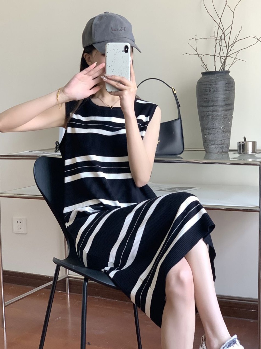 

StyleCast Black White Round Neck Striped Sheath Dress