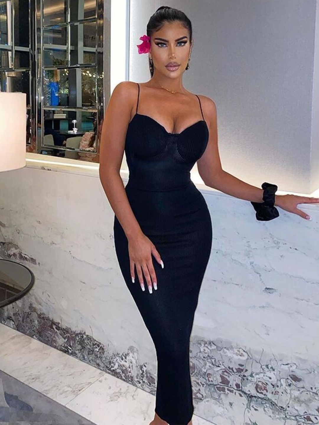 

StyleCast Women Self Design Shoulder Straps Bodycon Midi Dress, Black