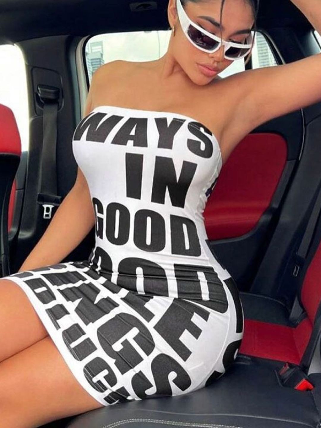 

StyleCast White & Black Typography Print Strapless Bodycon Dress