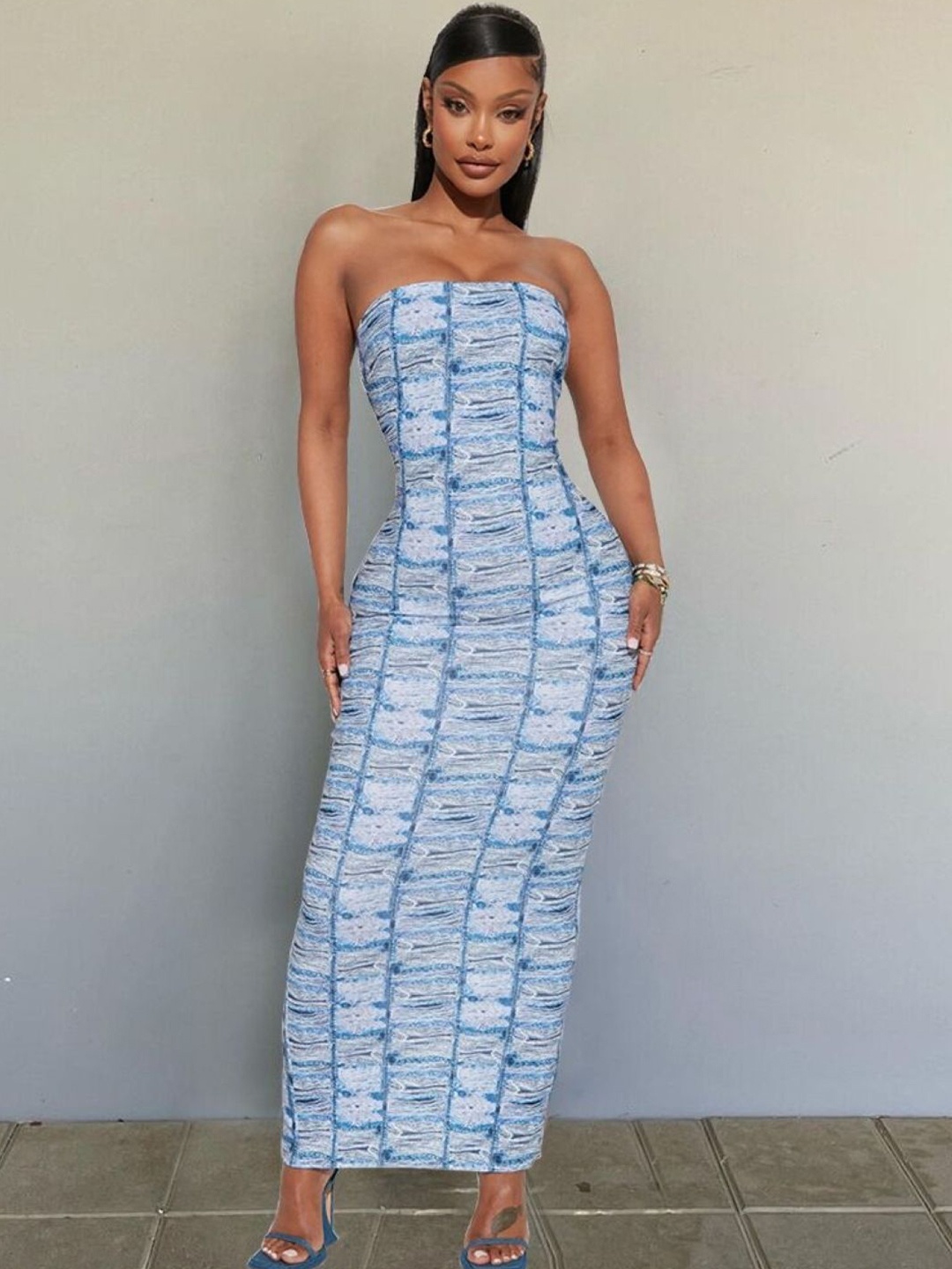 

StyleCast Blue Tie and Dye Print Off-Shoulder Partywear Maxi Dress