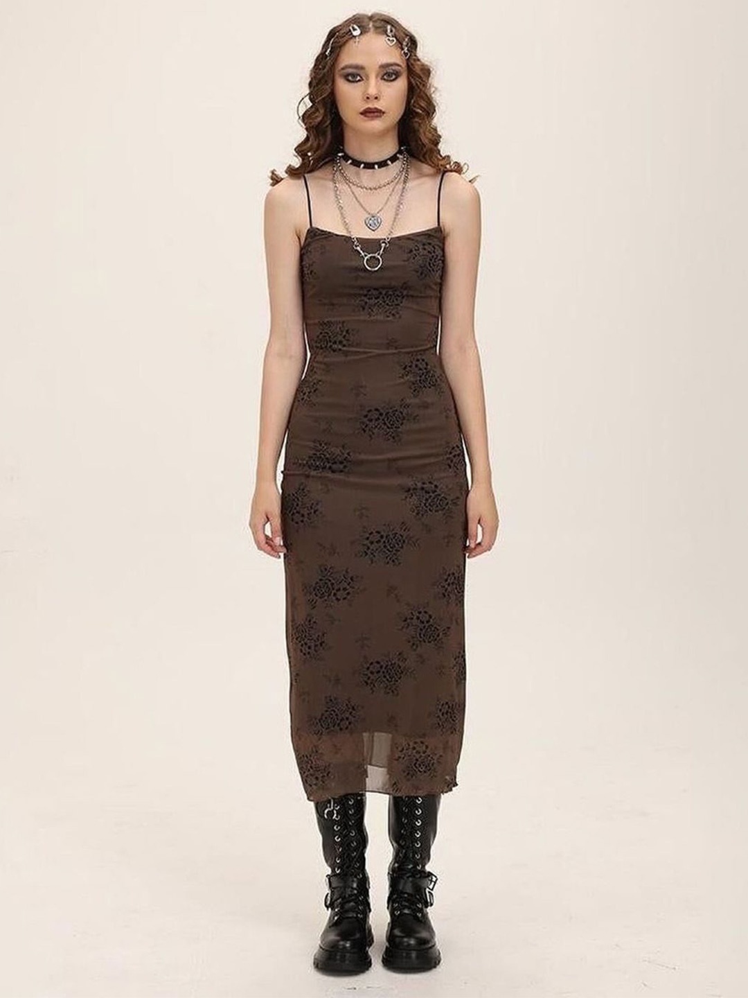 

StyleCast Brown Shoulder Straps Floral Printed Sheath Midi Dress