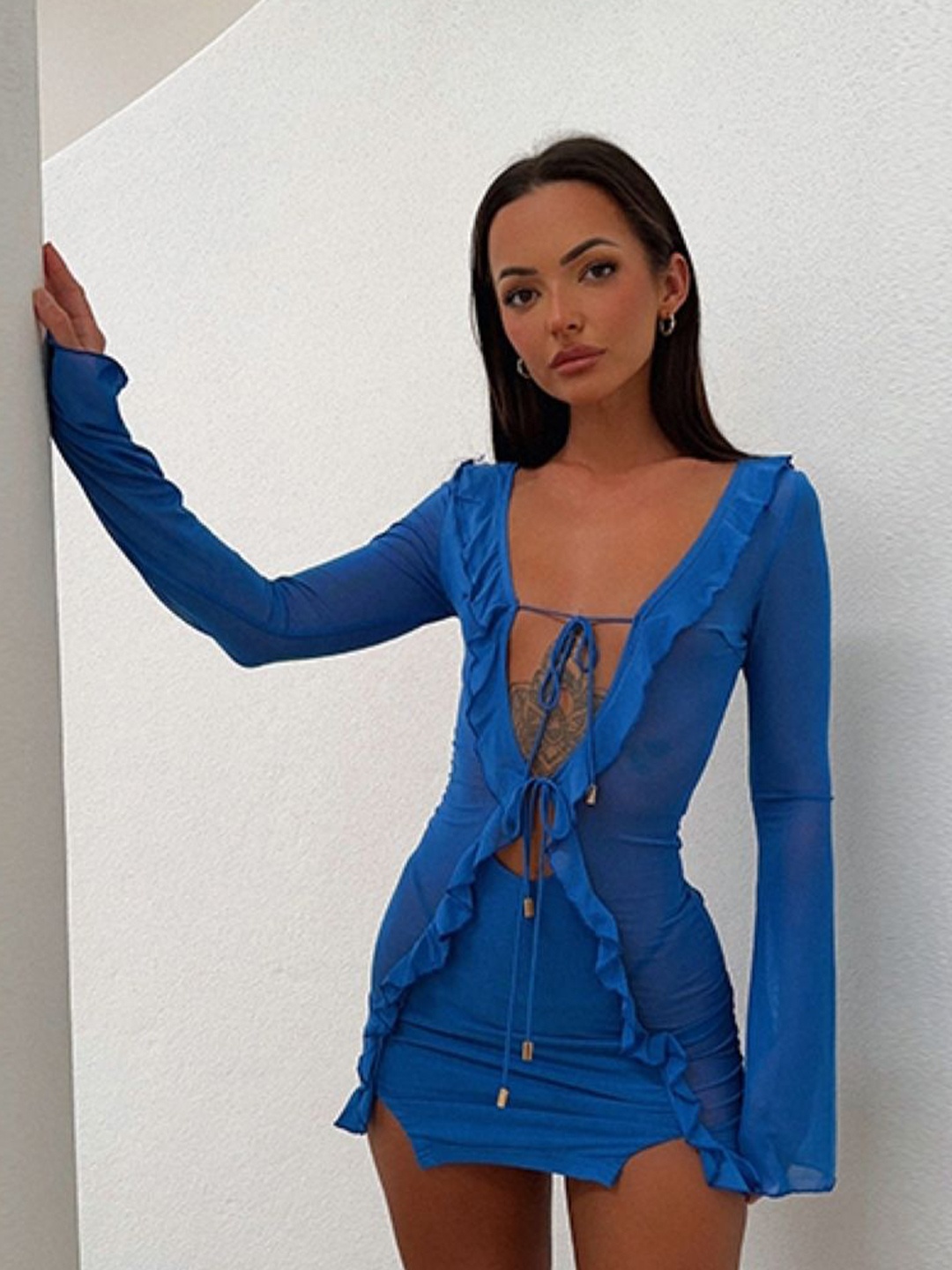 

StyleCast Blue Tie-Up Neck Long Sleeves Bodycon Dress