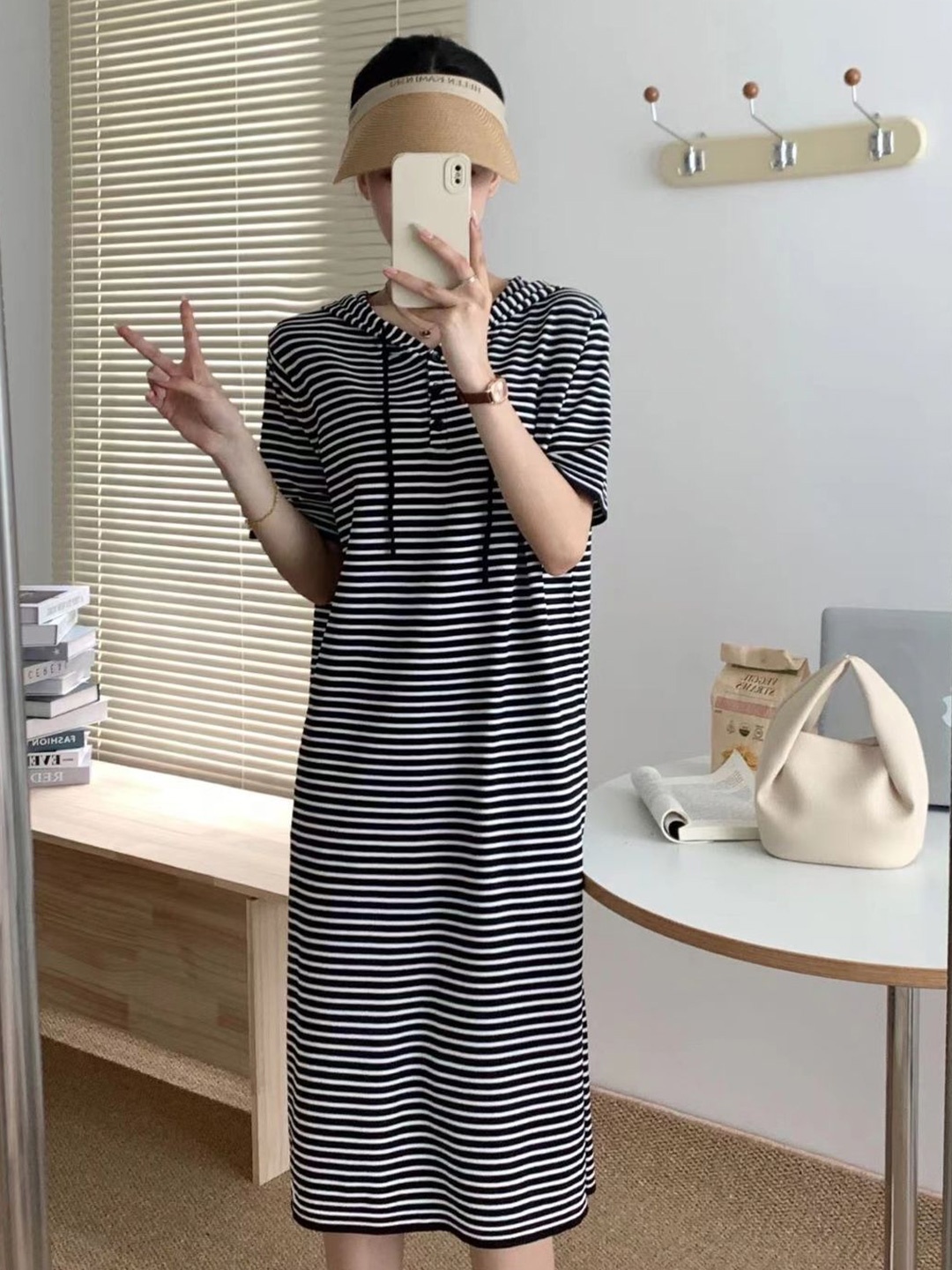 

StyleCast Women Striped Hood Midi T-shirt Dress, Black