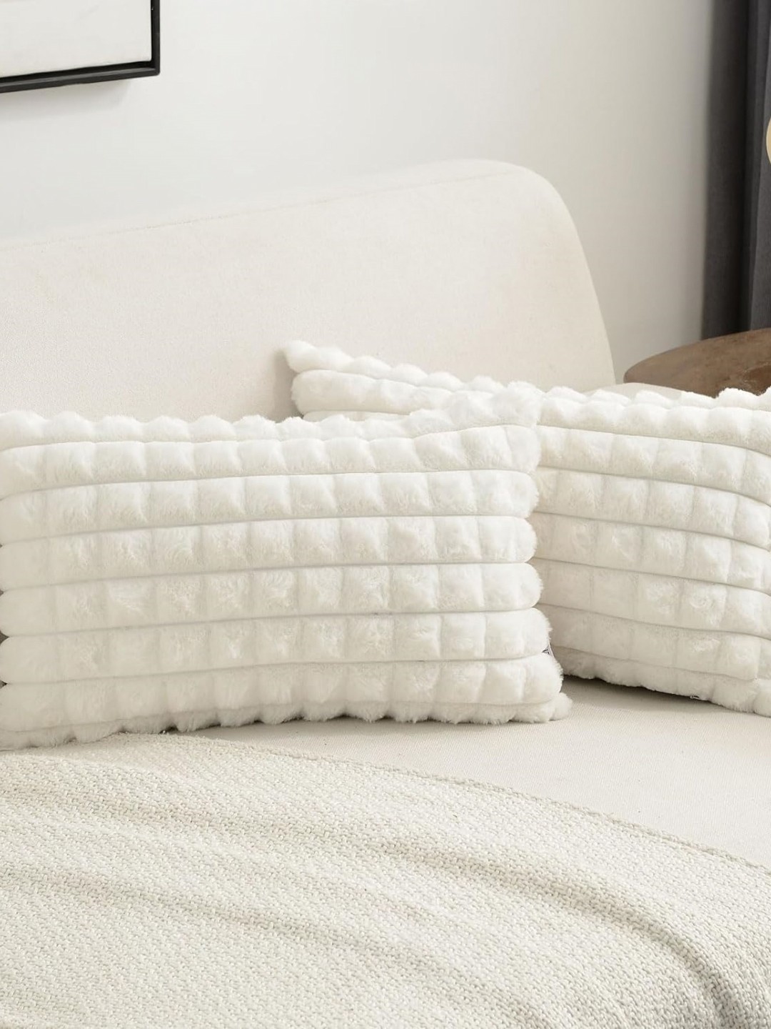 

TANLOOMS White 2 Pieces Checked Textured Velvet Rectangle Cushion Covers