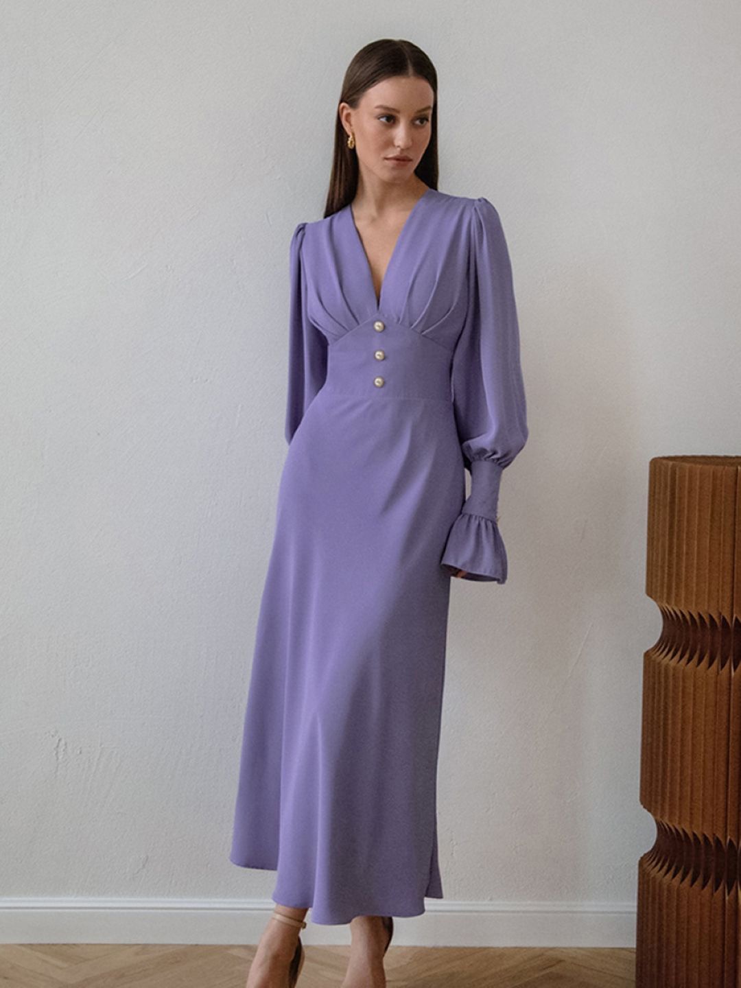 

Stylecast X KPOP V-Neck Puff Sleeves A-Line Midi Dress, Purple