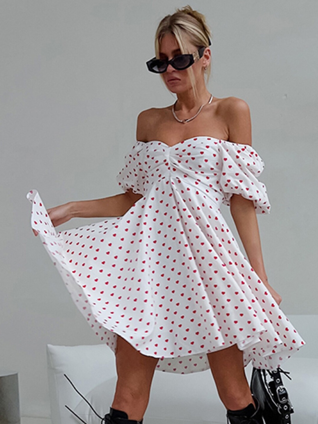 

Stylecast X KPOP Women Printed Off-Shoulder Flutter Sleeve Polka Dot Fit & Flare Dress, White