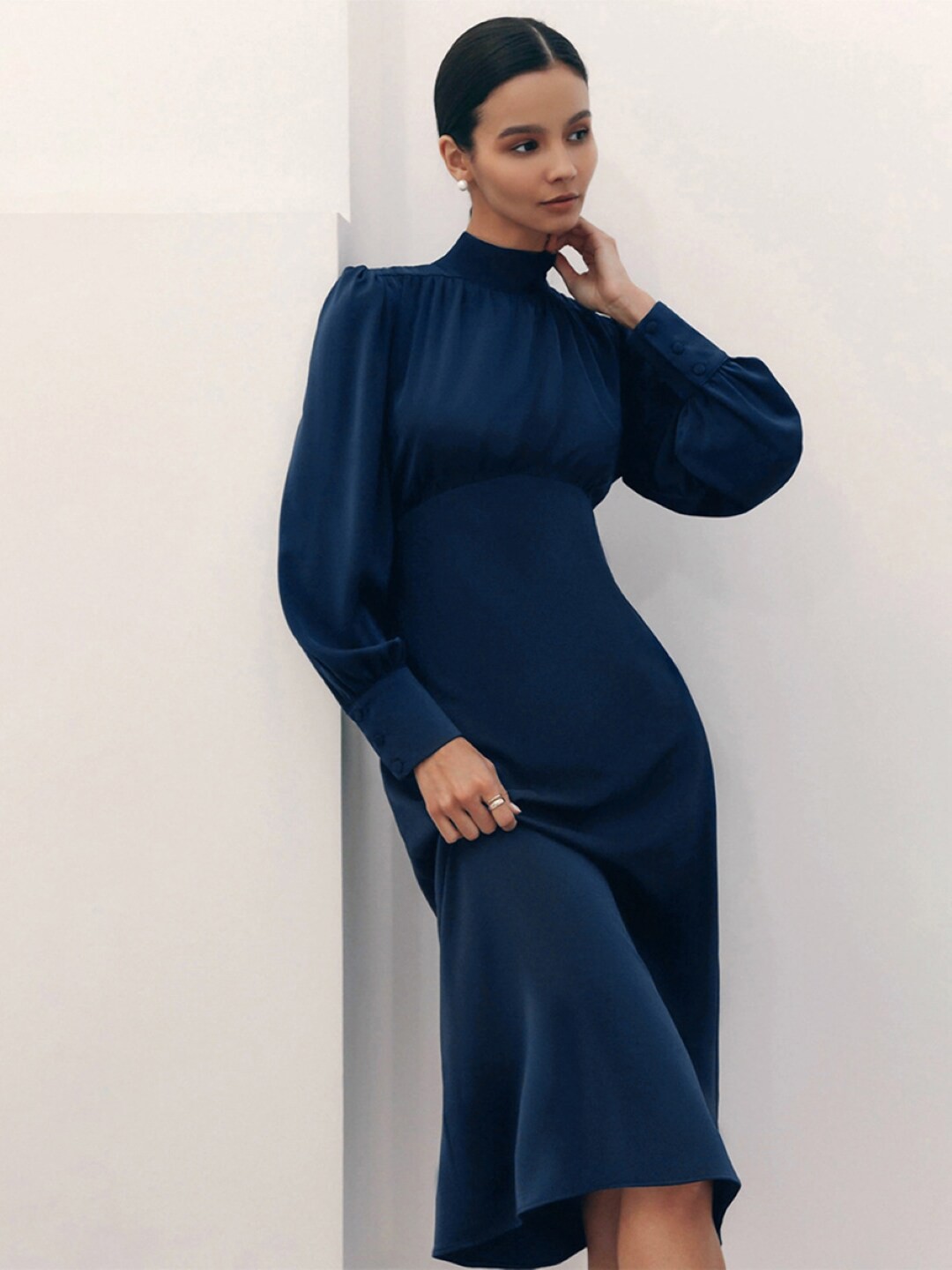 

Stylecast X KPOP High Neck Puff Sleeves A-Line Midi Dress, Navy blue