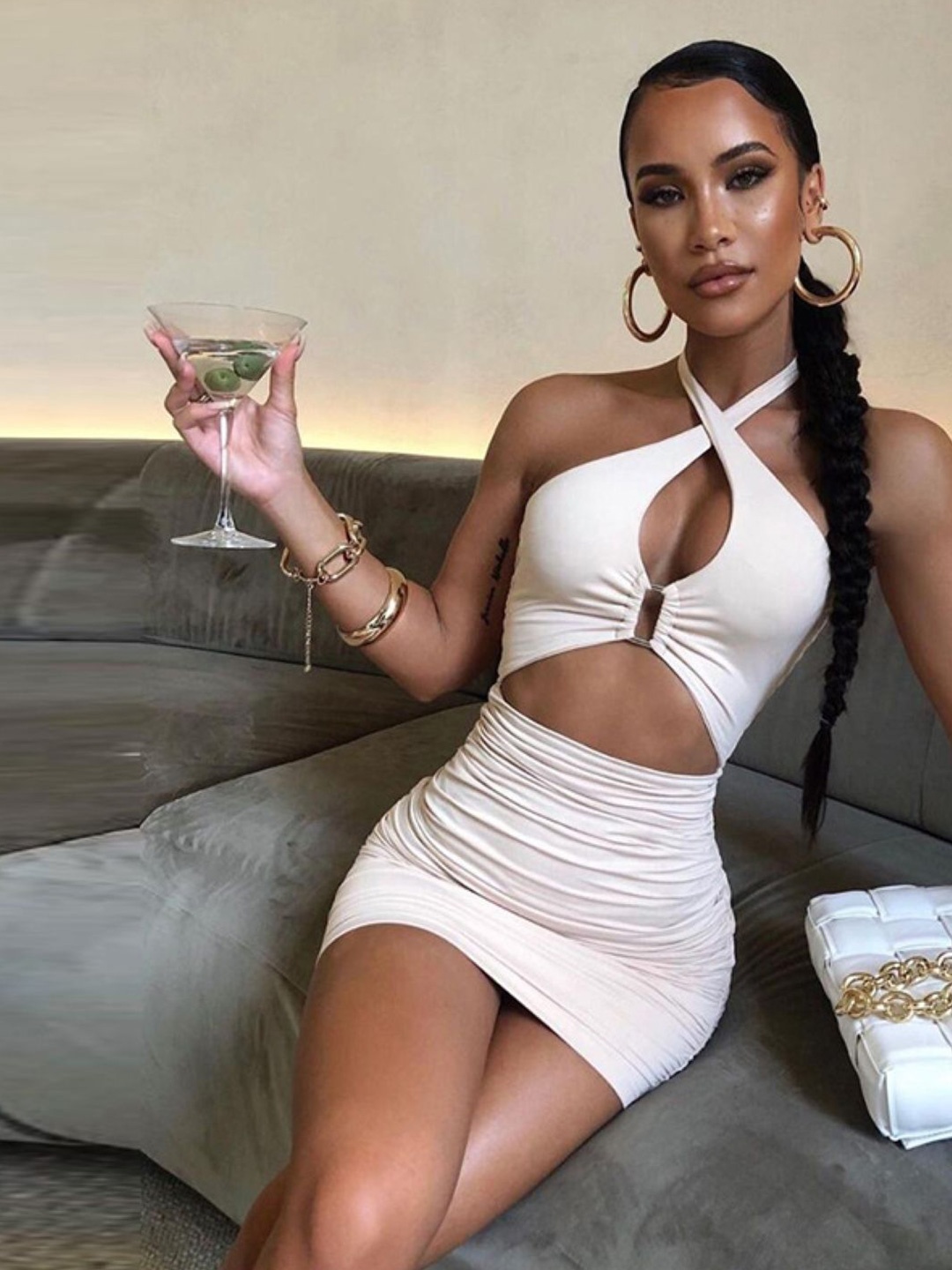

Stylecast X KPOP Women Sleeveless Gathered Halter Neck Bodycon Mini Dress, White