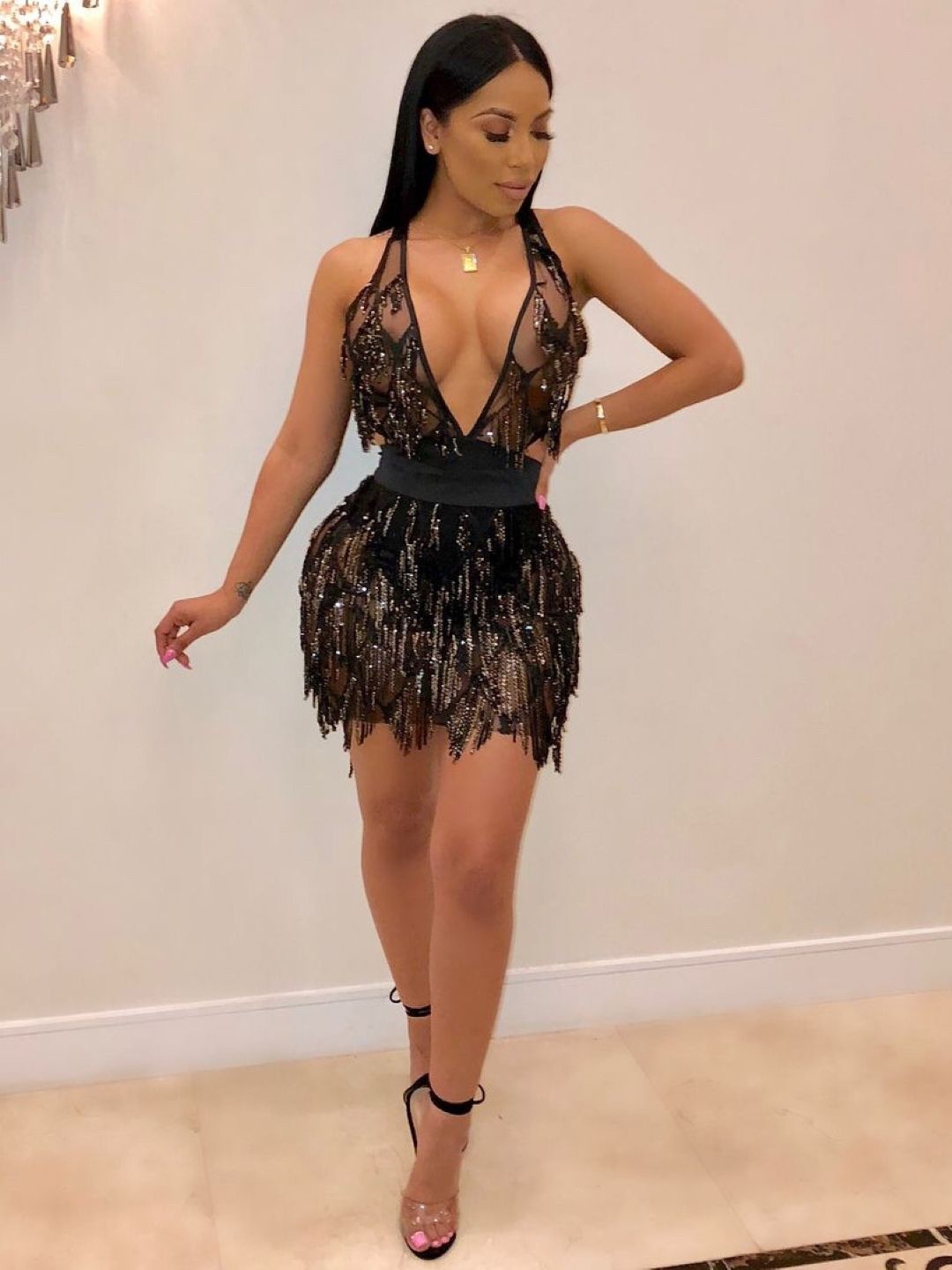 

Stylecast X KPOP Self Design V-Neck Sleeveless Semi Sheer Mini Bodycon Dress, Black