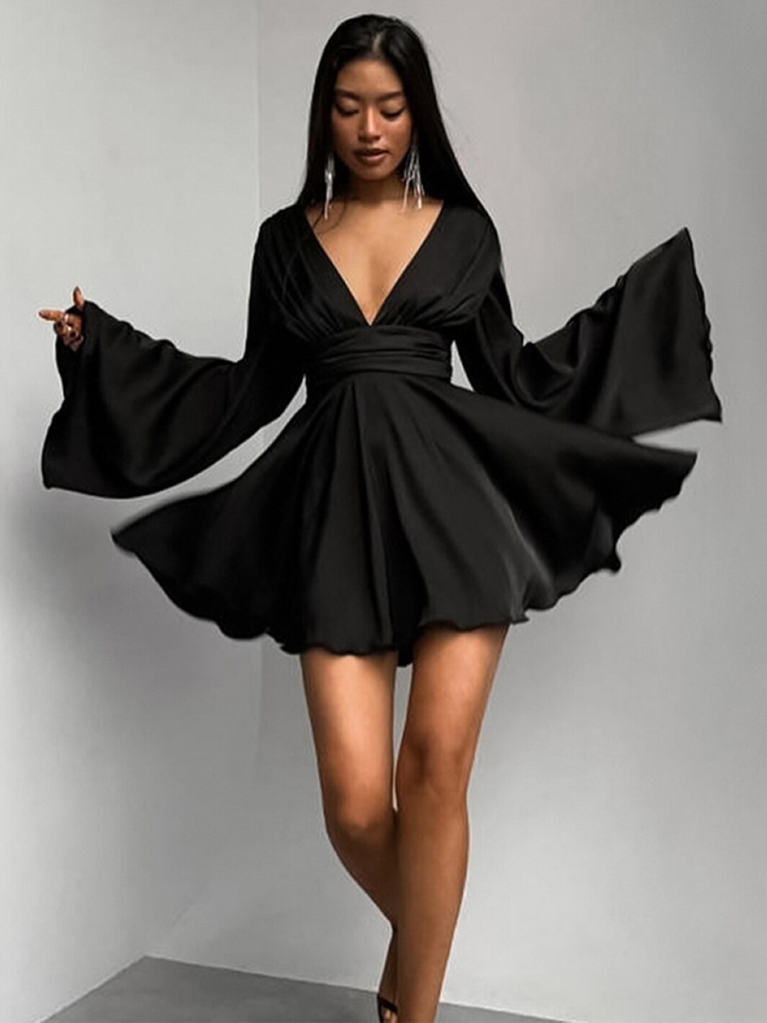 

Stylecast X KPOP Women V Neck Long Bell Sleeves Fit and Flare Dress, Black