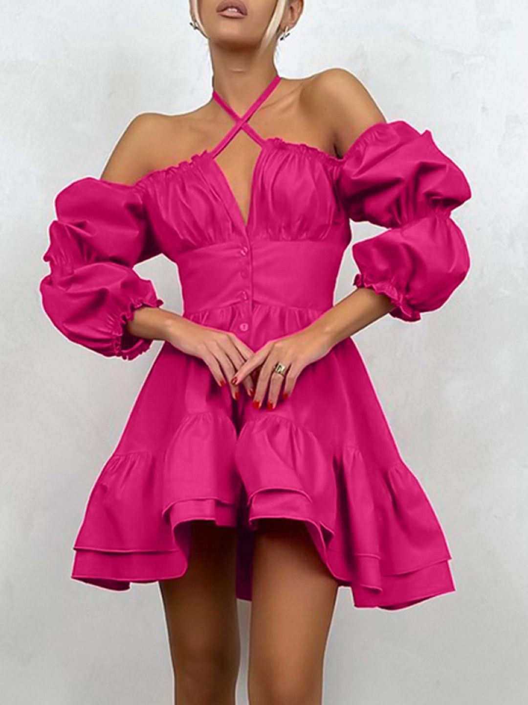 

Stylecast X KPOP Women Shoulder Straps Puff Sleeves Fit & Flare Mini Dress, Pink