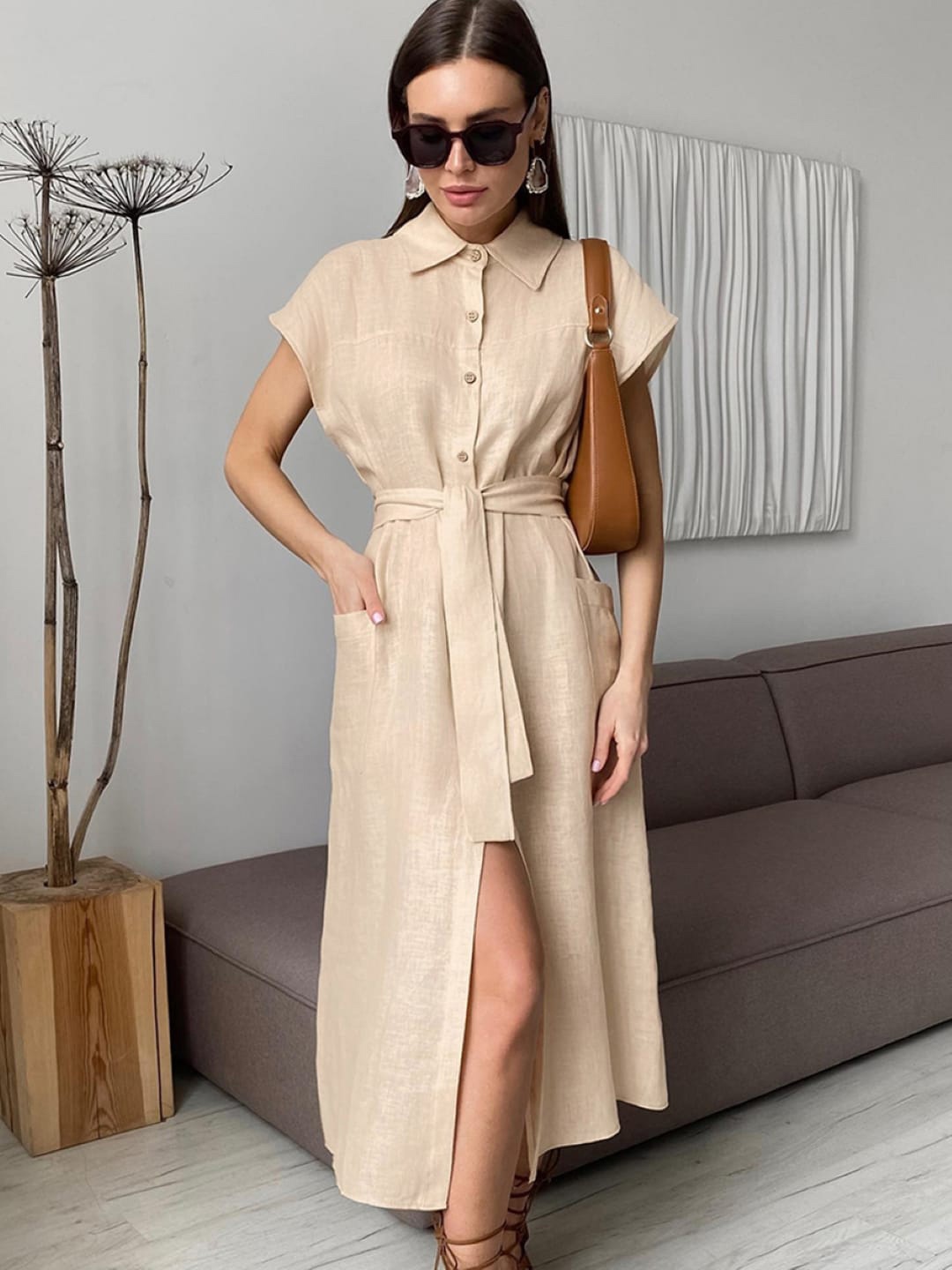 

Stylecast X KPOP Shirt Collar Extended Sleeves Cotton Maxi Dress, Khaki