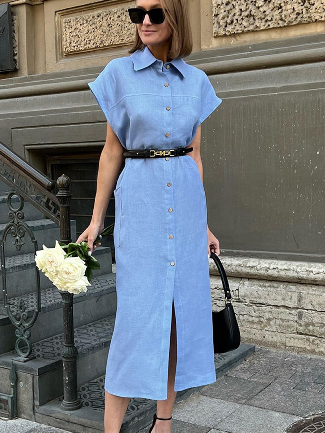 

Stylecast X KPOP Shirt Collar Extended Sleeves Cotton Shirt Midi Dress, Blue