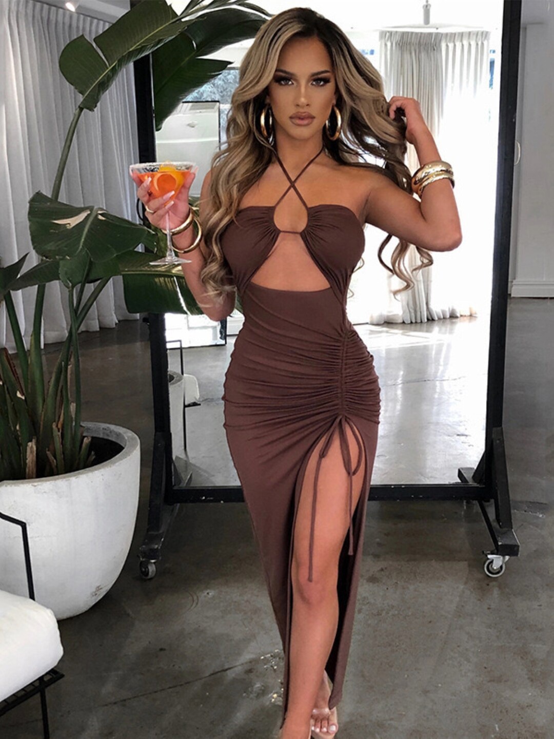 

Stylecast X KPOP Halter Neck Cut-Outs Detail Bodycon Dress, Brown