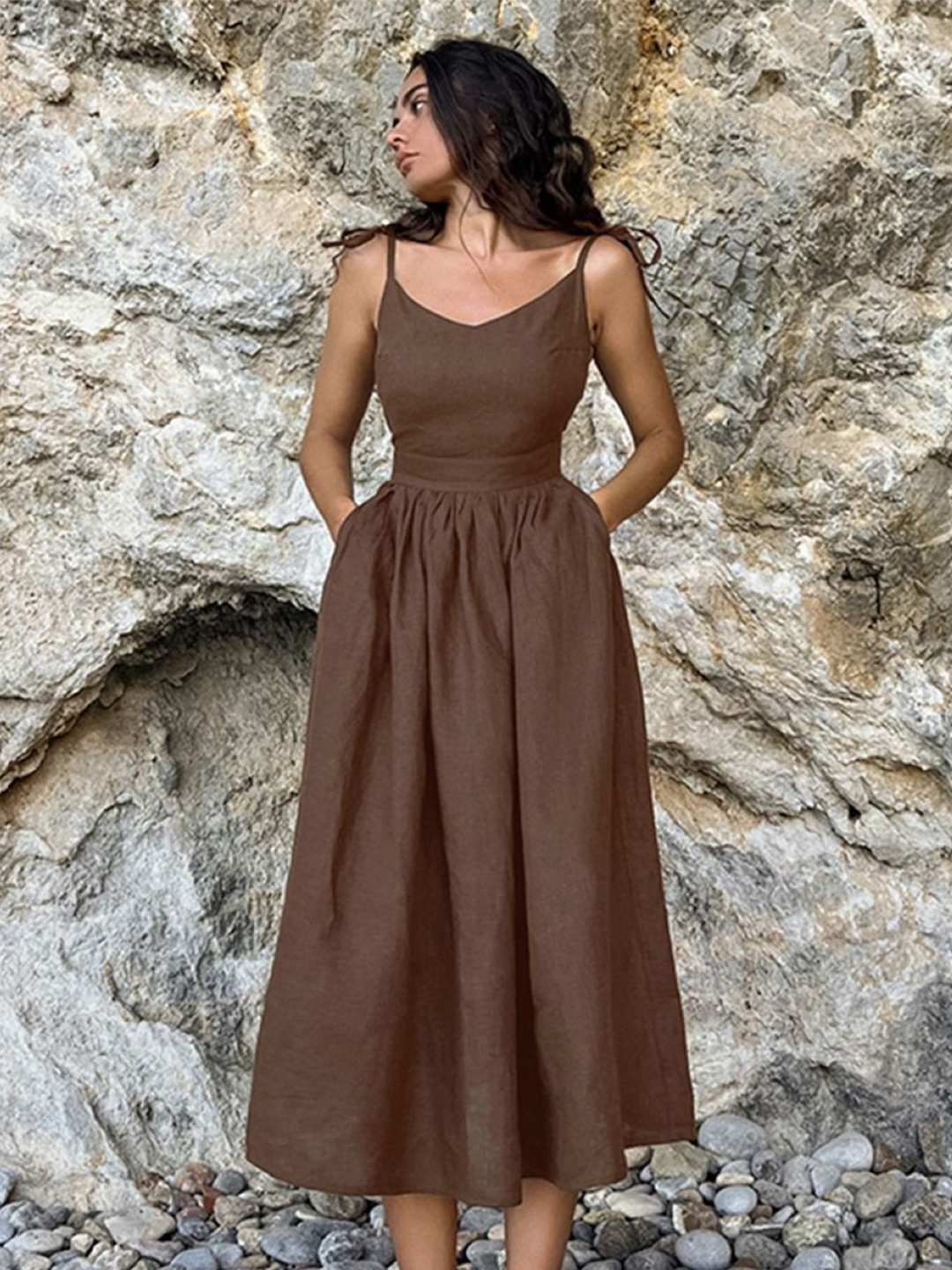 

Stylecast X KPOP Shoulder Straps Cotton Fit & Flare Maxi Dress, Brown