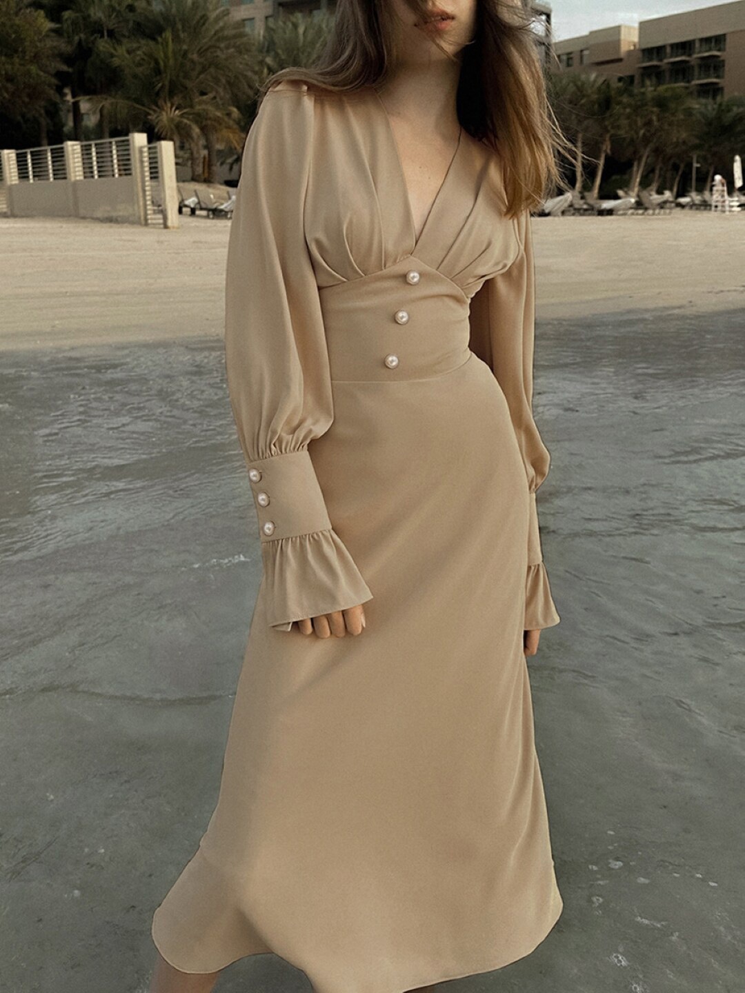

Stylecast X KPOP Khaki V Neck Bell Sleeve Maxi Dress