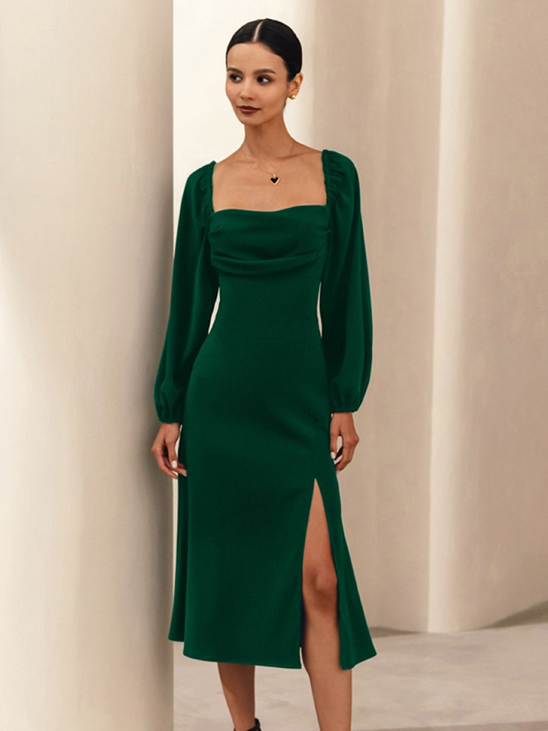 

Stylecast X KPOP Green Square Neck Long Puff Sleeves Sheath Dress
