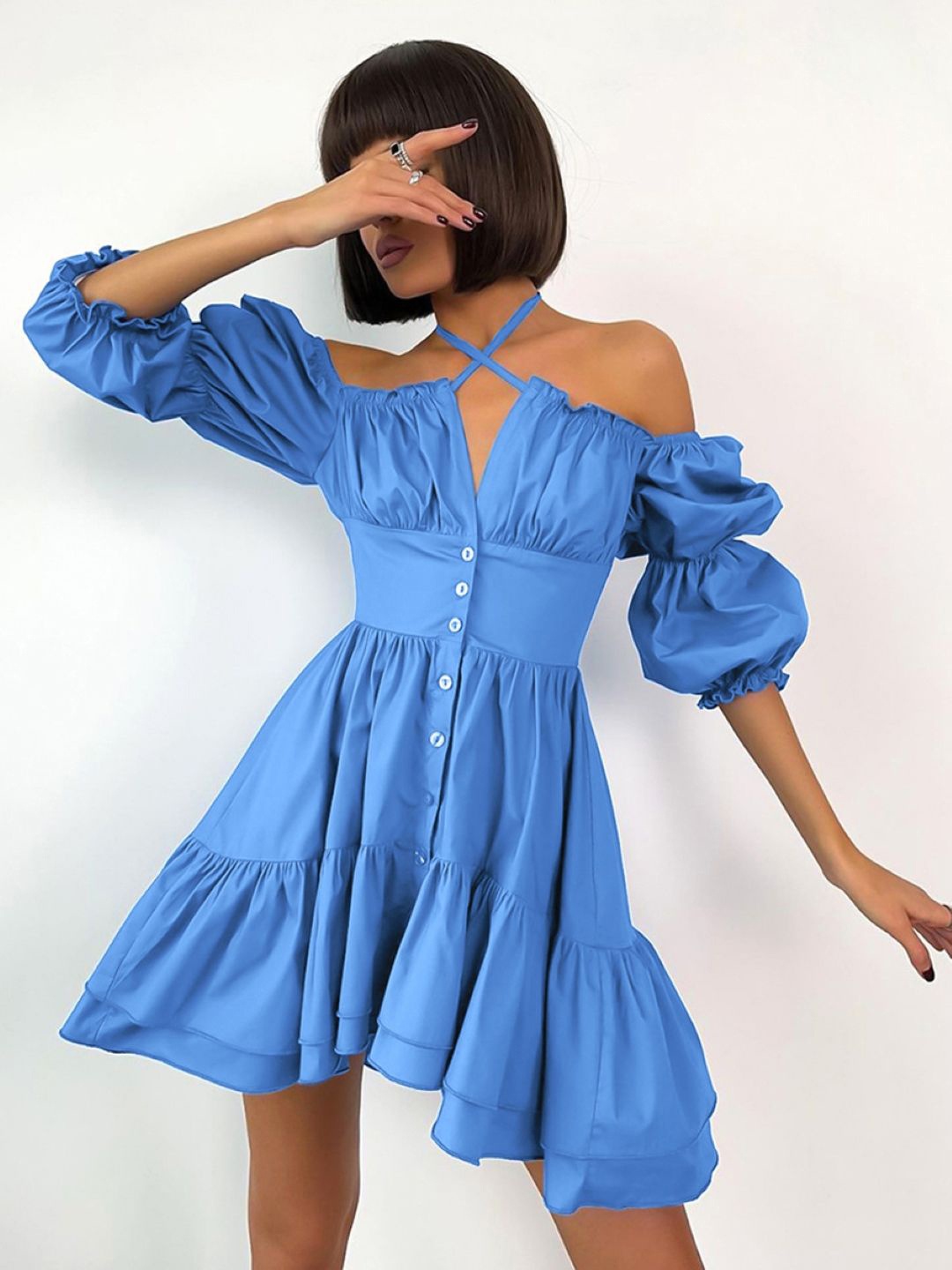 

Stylecast X KPOP Women Halter Neck Puff Sleeve Fit & Flare Dress, Blue