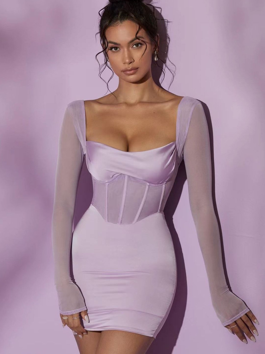 

Stylecast X KPOP Women Square Neck Corset Bodycon Mini Dress, Purple