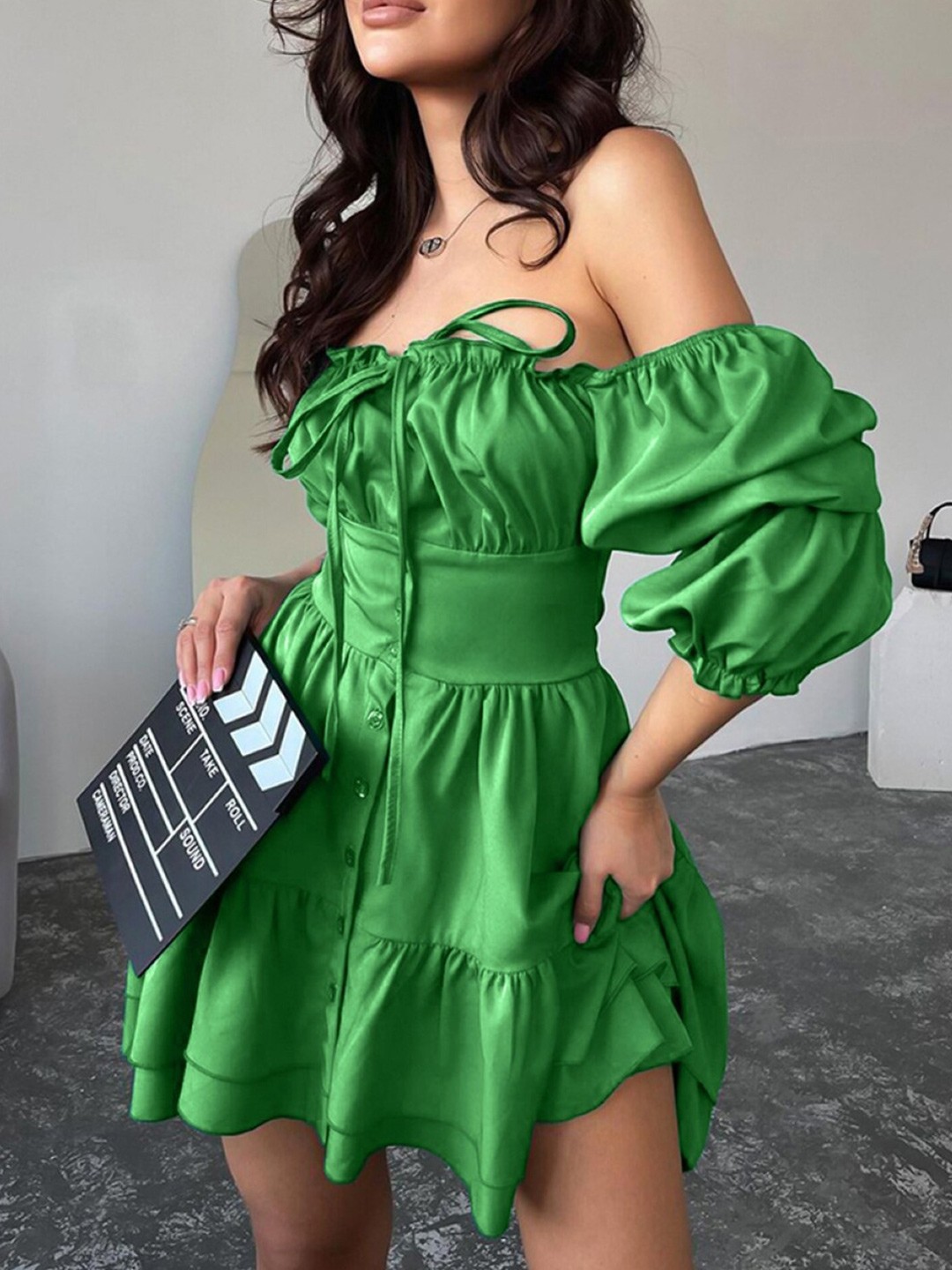 

Stylecast X KPOP Women Off-Shoulder Fit and Flare Dress, Green