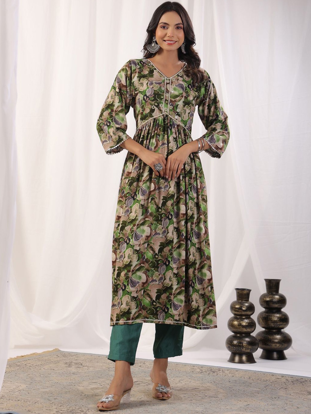 

KALINI Floral Printed Beads & Stones High Slit Kurta With Trousers & Dupatta, Green