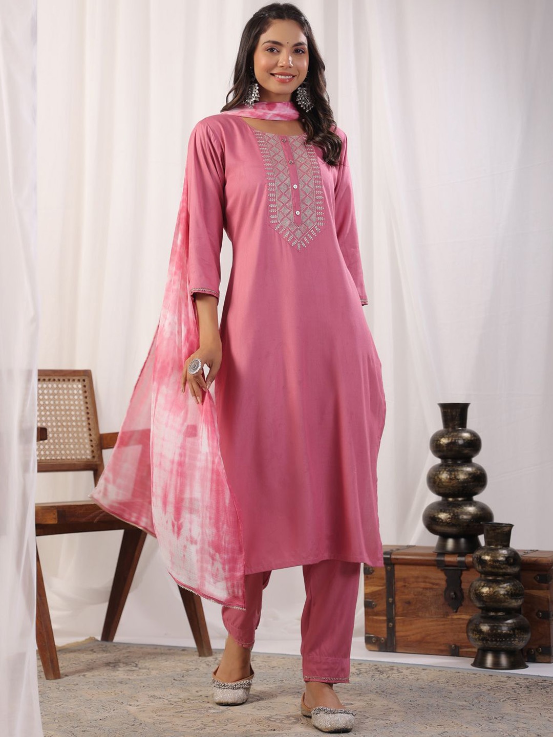

KALINI Geometric Yoke Design Sequinned Kurta with Trousers & With Dupatta, Pink