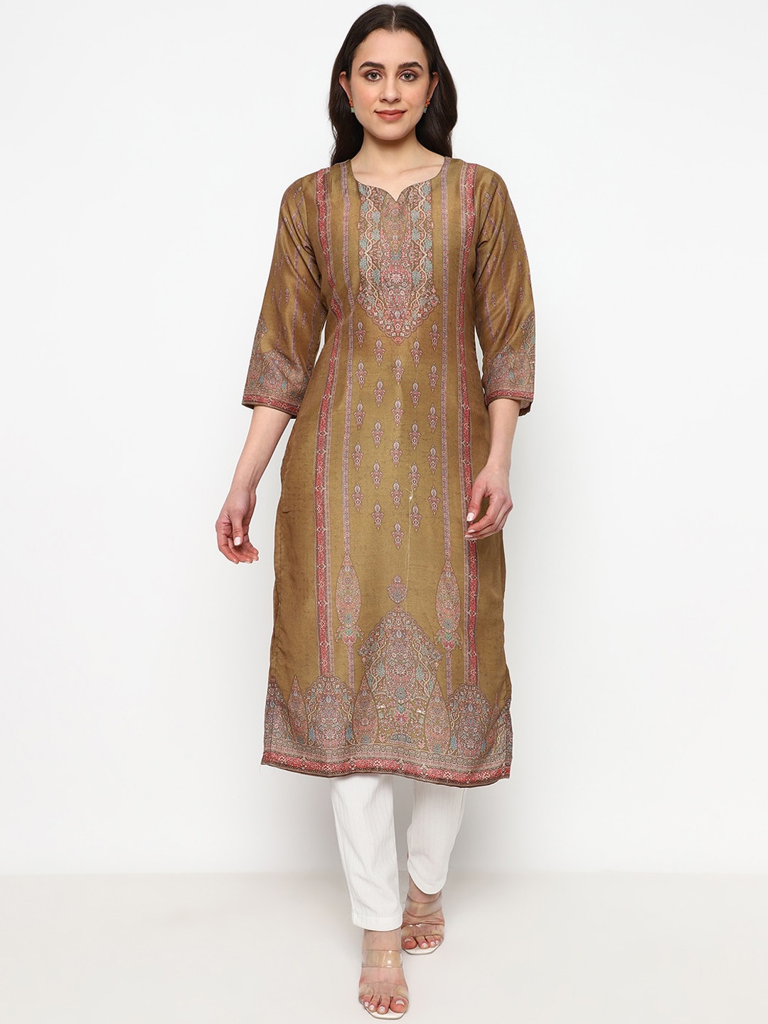 

KALINI Floral Printed Notched Neck Straight Kurta with Trousers, Beige